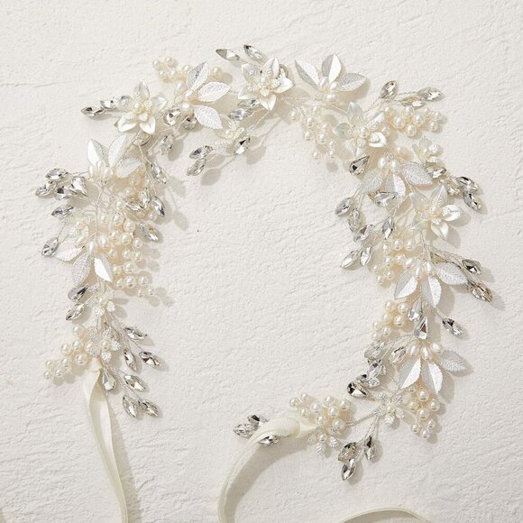 Handmade Rhinestone Flower Leaf Bridal Headpiece for Wedding Pearl Hair Accessor main image 6
